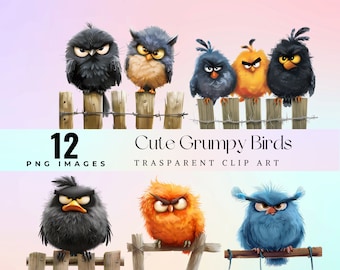Watercolor Grumpy Birds Clip Art: Funny Avian PNG (Digital Download)