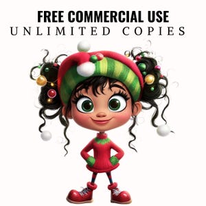 Puede incluir: Una ilustraci&oacute;n de dibujos animados de una ni&ntilde;a elfo con un su&eacute;ter rojo y verde, un gorro verde y blanco con un pomp&oacute;n blanco y zapatos rojos. Tiene el pelo negro rizado con adornos dorados y rojos. El texto "FREE COMMERCIAL USE UNLIMITED COPIES" est&aacute; en la parte superior de la imagen.