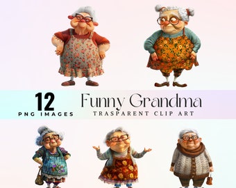 Funny Grandma clip art, watercolor caricature old lady illustration PNG, joyful  cartoon grandparents graphic art, elderly person portrait