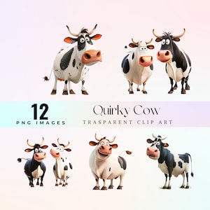 Quirky Cow clip art, acuarela divertida ilustración de vacas en blanco y negro PNG, dibujos animados caprichosos animales de granja ganado arte gráfico 300 DPI
