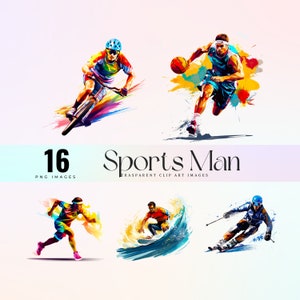 May include: A set of 16 digital illustrations of men playing different sports. The illustrations are in a colourful, abstract style and feature a basketball player, a cyclist, a surfer, and a skier.