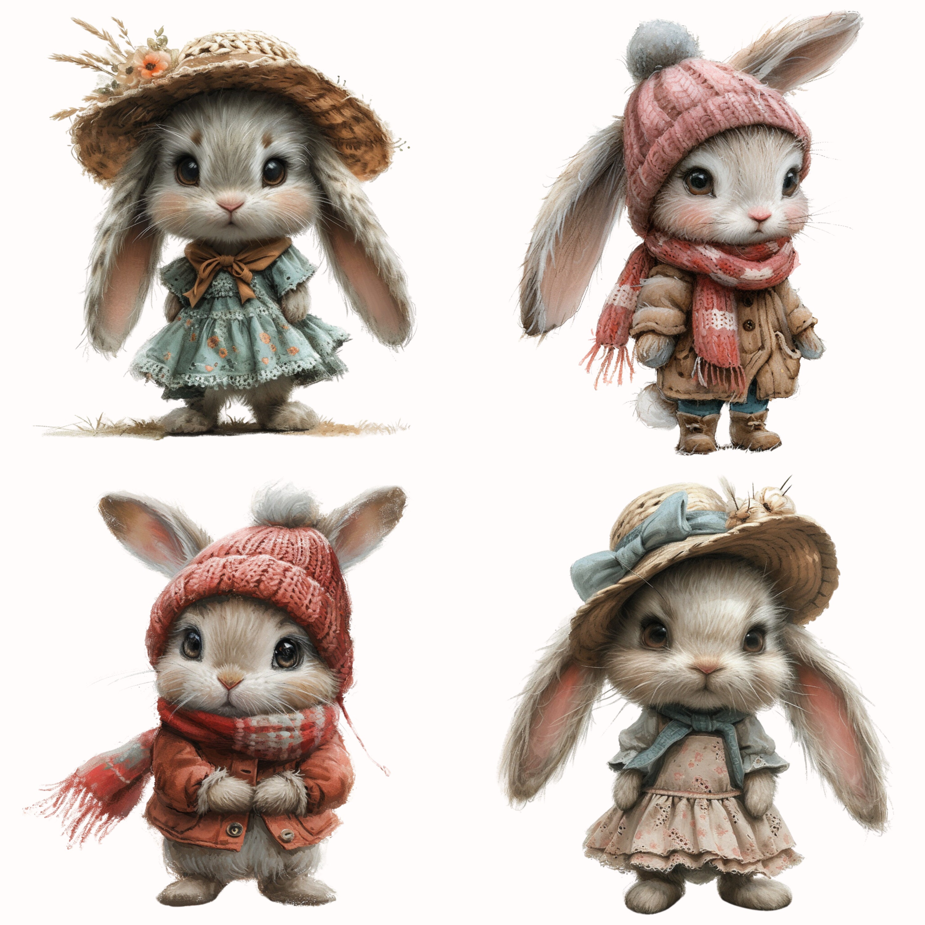 Tiny Bunny Clip Art, Sweet Bunnies in Pastel Outfits Illustration PNG ...