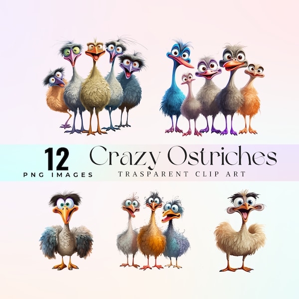 Crazy Ostriches clip art, watercolor humor Happy Ostriches illustration PNG, Funny savana animals png, cute laughing Ostrich images 300 DPI