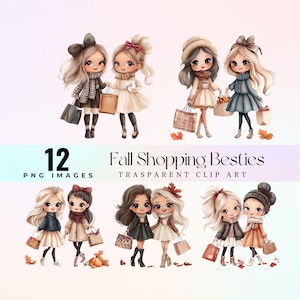 clip art di amiche carine che fanno shopping autunnale, belle amiche che fanno shopping autunnale illustrazione PNG, cartoni animati adorabili amiche alla moda arte grafica, ragazze chic
