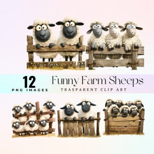 Funny Farm Sheep clip art, watercolor hilarious sheep in fence illustration PNG, comical cartoon white lambs graphic art, barnyard ewe art