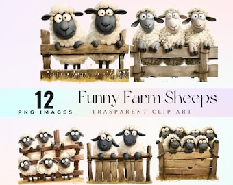 Funny Farm Sheep clip art, watercolor hilarious sheep in fence illustration PNG, comical cartoon white lambs graphic art, barnyard ewe art