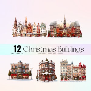 Paisaje navideño en acuarela: Imágenes prediseñadas de edificios festivos (descarga digital PNG)