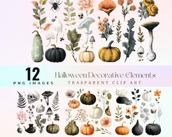 Imágenes prediseñadas de Halloween en acuarela: calabazas, fantasmas, flores (PNG, descarga digital)