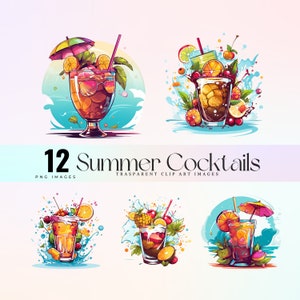 Summer cocktail clip art, watercolor fruit drinks illustration PNG, cool fruit cocktails graphic art , Paradise sip art digital printable