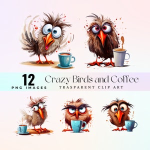 Crazy Birds beben café clip art, imagen de pájaros divertidos de acuarela PNG, personajes de búhos y cuervos de dibujos animados, arte gráfico de pájaros de café borrachos locos