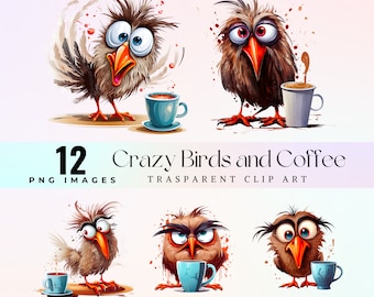 Crazy Birds drink coffee clip art, watercolor funny birds image PNG, cartoon owl and crow characters, crazy drunk coffee birds graphic art