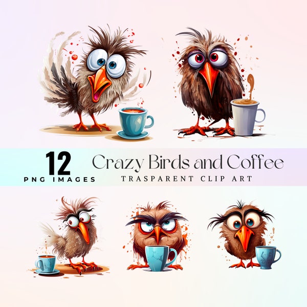 Crazy Birds drink coffee clip art, watercolor funny birds image PNG, cartoon owl and crow characters, crazy drunk coffee birds graphic art