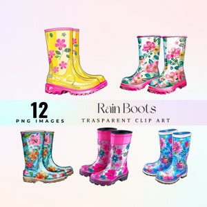 Clipart floral mignon de bottes de pluie, illustration espiègle de bottes en caoutchouc d'aquarelle PNG, art graphique de galoches de pluie funky de dessin animé, chaussures imperméables