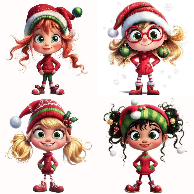 Puede incluir: Cuatro chicas de dibujos animados vestidas con atuendos navide&ntilde;os rojos y verdes con gorros de Pap&aacute; Noel. Cada chica tiene un peinado y una expresi&oacute;n facial diferentes.
