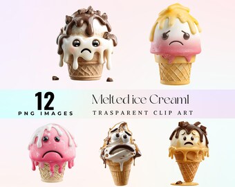 Melted Ice Cream Clipart PNG, Kawaii Sad Dessert Character, Dripping Chocolate Cream, Funny Food
