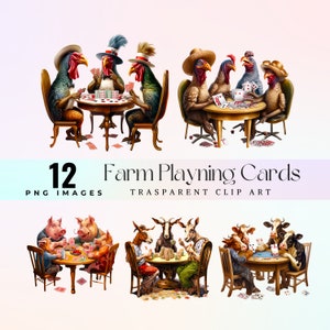 Clip art drôle de cartes à jouer d'animaux de ferme, images amusantes de poker d'animaux de ferme, illustration de table de jeu de créatures comiques png, animaux de basse-cour