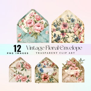 Leuke vintage bloemenenvelop illustraties, aquarel retro bloembrieven illustratie PNG, cartoon charmante klassieke bloempost grafische kunst