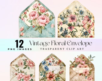 Vintage Floral Envelope Clipart: Watercolor Flower PNG (Digital Download)