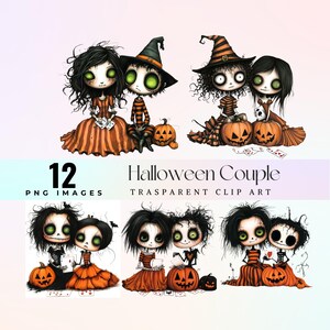 Joli clipart Halloween couple, aquarelle drôle Halloween duo cartes à jouer illustration PNG, dessin animé mignon citrouille paire art graphique