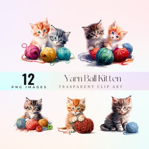 Clipart mignon de chaton de boule de fil, illustration PNG adorable de chaton laineux, art graphique de gentillesse en tricot, art doux de chaton de boule de fil, art de petits chats