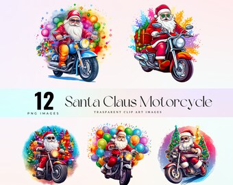 Grafika wektorowa Świętego Mikołaja na motocyklu: Świąteczny motocyklista PNG (300 DPI)