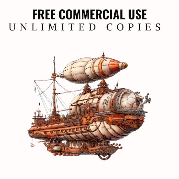 水彩スチームパンク飛行船クリップアート：ヴィンテージ飛行船 PNG