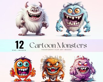 fun cartoon monsters  clip art, watercolor happy monster illustration PNG, colored   funny monster graphics art  300 DPI