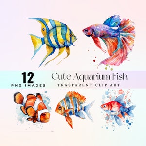 Clipart mignon de poissons d'aquarium, illustration PNG de poissons de réservoir colorés aquarelle, art graphique ludique de mignonnes sous-marines de dessin animé, art de joie de poisson de compagnie