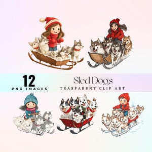 Lindos perros de trineo, ilustración de dibujos animados de husky PNG, divertidos perros de nieve, arte digital, diseño de invierno colorido y divertido