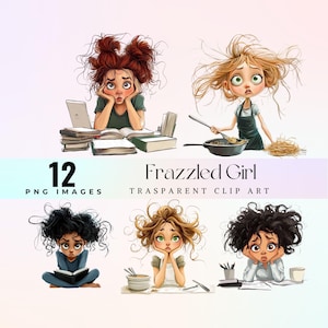 Image clipart drôle de fille épuisée, illustration aquarelle de dame de travail fatiguée PNG, fille de dessin animé épuisée par le travail d'art graphique, art surmené