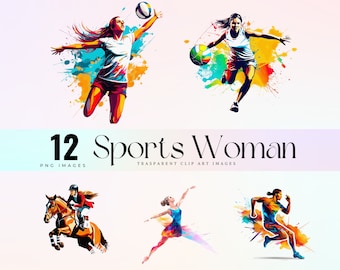Clipart sportive femminili ad acquerello: grafica PNG di atlete (download digitale)