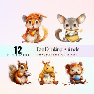 Könnte beinhalten: Zwölf Aquarell-Illustrationen von Tieren, die Tee trinken. Die Tiere umfassen ein Eichhörnchen, einen Igel, ein Flusspferd, einen Lemur, ein Streifenhörnchen, eine Maus, ein Kaninchen, einen Bären, einen Fuchs, einen Hirsch, eine Katze und einen Hund. Die Illustrationen sind im Cartoon-Stil gehalten und eignen sich perfekt für die Verwendung in Scrapbooking, Kartenherstellung oder anderen Bastelprojekten.