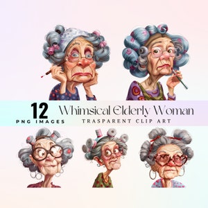 capricciosa donna anziana clip art, ritratto di nonne esilaranti ad acquerello con illustrazioni di bigodini PNG, arte grafica del trucco della nonna dei cartoni animati