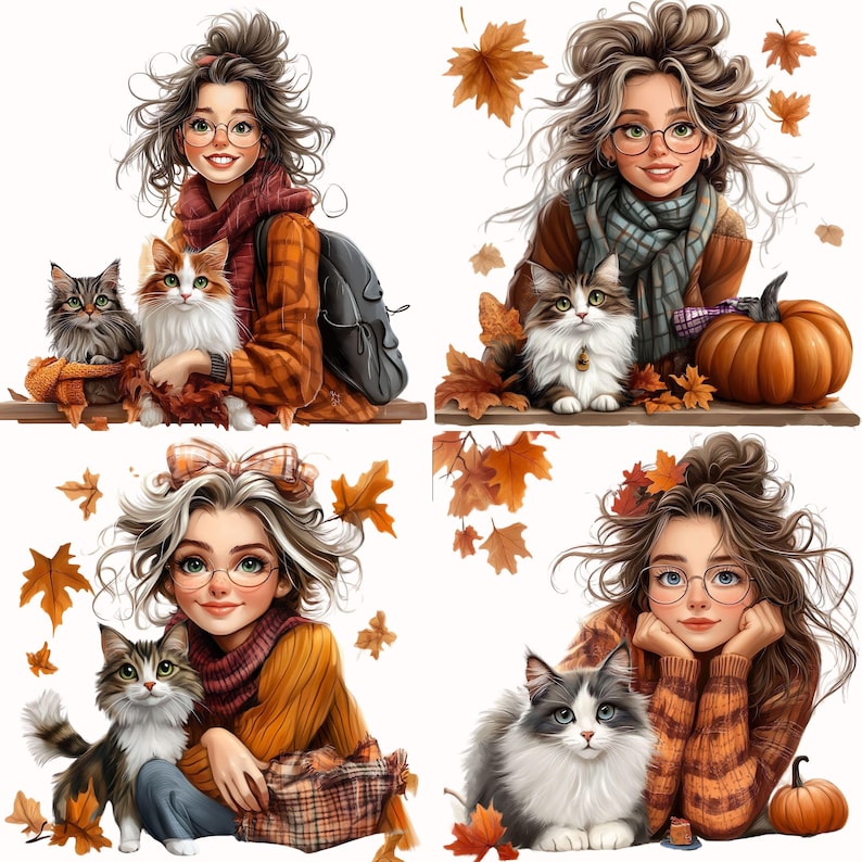 Autumn Cat Lover Clip Art: Watercolor Fall Kitty PNG (digital Download ...