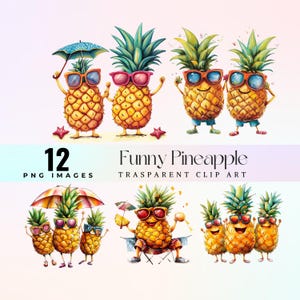 Lustige Sommer Ananas Clip Art, Aquarell amüsante gelbe Strand Früchte Illustration PNG, fröhliche Cartoon Ananas Karikatur Grafik Kunst