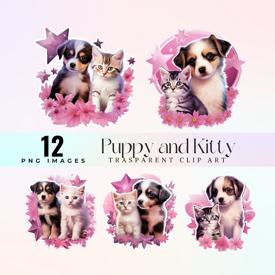 Floral Puppy and Kitten Stickers, PNG Clipart (digital Download) - Etsy