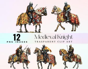 Imágenes prediseñadas de caballero medieval: ilustraciones de guerreros heroicos (descarga digital PNG)