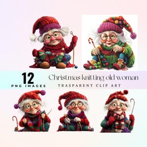 Noël tricot vieille femme clip art, vacances vieille dame tricot illustration PNG, joyeux dessin animé hiver grand-mère art graphique et art grand-mère