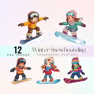 Lindo clip art de snowboard de invierno, ilustración de snowboard de niño y niña, clipart de deportes de nieve, snowboarder divertido PNG, arte de deportes de invierno