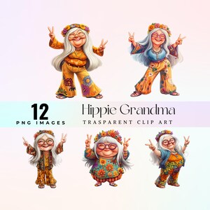 Clipart grand-mère hippie, grand-mère bohème rétro groovy PNG, signe de la paix femme vintage, Illustration de Style funky des années 70 pour le scrapbooking et les autocollants