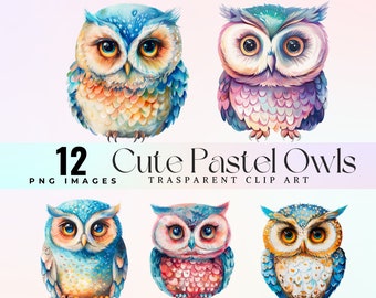 May include: Twelve digital illustrations of cute pastel owls with colorful feathers. The owls have large eyes and are drawn in a cartoon style. The images are perfect for crafting projects, scrapbooking, and digital design.