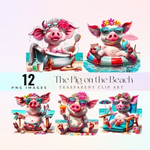 caprichoso Beach Pig Clip Art, divertida ilustración de cerdos tomando el sol PNG, divertido cerdo en vacaciones arte gráfico de dibujos animados, divertido diseño de cerdo de baño