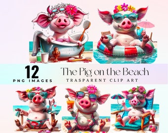Beach Pig Clip Art: Funny Sunbathing Swine PNG (Digital Download)