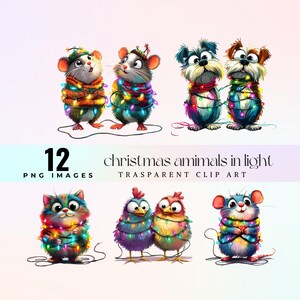 May include: Twelve digital illustrations of various animals wrapped in Christmas lights. The animals include a cat, two chickens, two dogs, and five mice. The illustrations are in a cartoon style and have a whimsical feel.