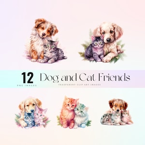 simpatici clip art di amici di cani e gatti, amicizia ad acquerello tra un cucciolo e un gattino illustrazione PNG, Fluffy Kitty e arte grafica alla pecorina