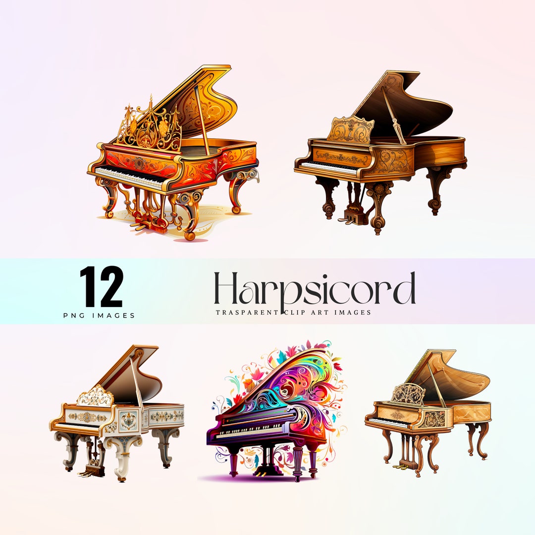 Vintage Harpsichord Clip Art, Stringed Musical Instrument Illustration
