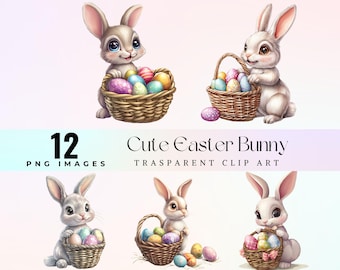 Easter Bunny Clipart, Spring Rabbit, Egg Basket (Digital Download)