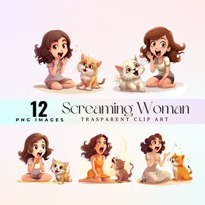 ClipArt carina ragazza urlante, piccola donna esilarante dell'acquerello che urla a un gatto illustrazione PNG, arte grafica divertente ragazza urlante 300 DPI