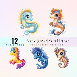 Cute Baby Seahorse Clip Art, Golden Jewel Sea Horse PNG, Sparkly Ocean Animal Clipart, Fantasy Marine Life Digital Image, Nautical Art
