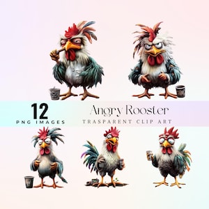 Funny angry Rooster clip art, watercolor comical head of the chicken coop illustration PNG, eccentric cartoon farm bird graphic art 300 DPI